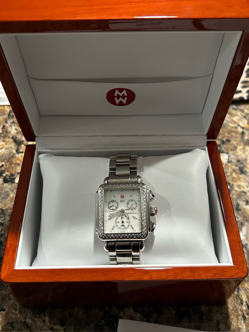Michele Silver-Tone Crystal Bezel Chronograph Watch with White Dial and diamonds